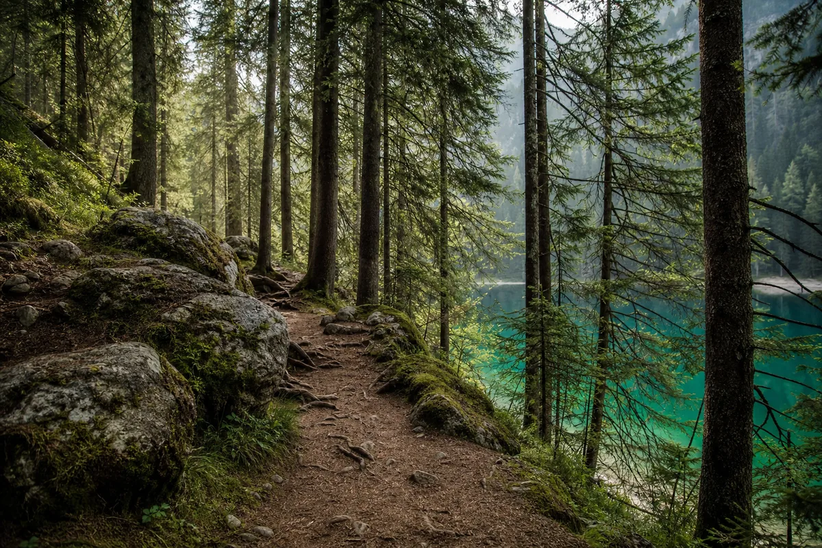 Sentier forestier ombragé longeant la rive du lac de Braies