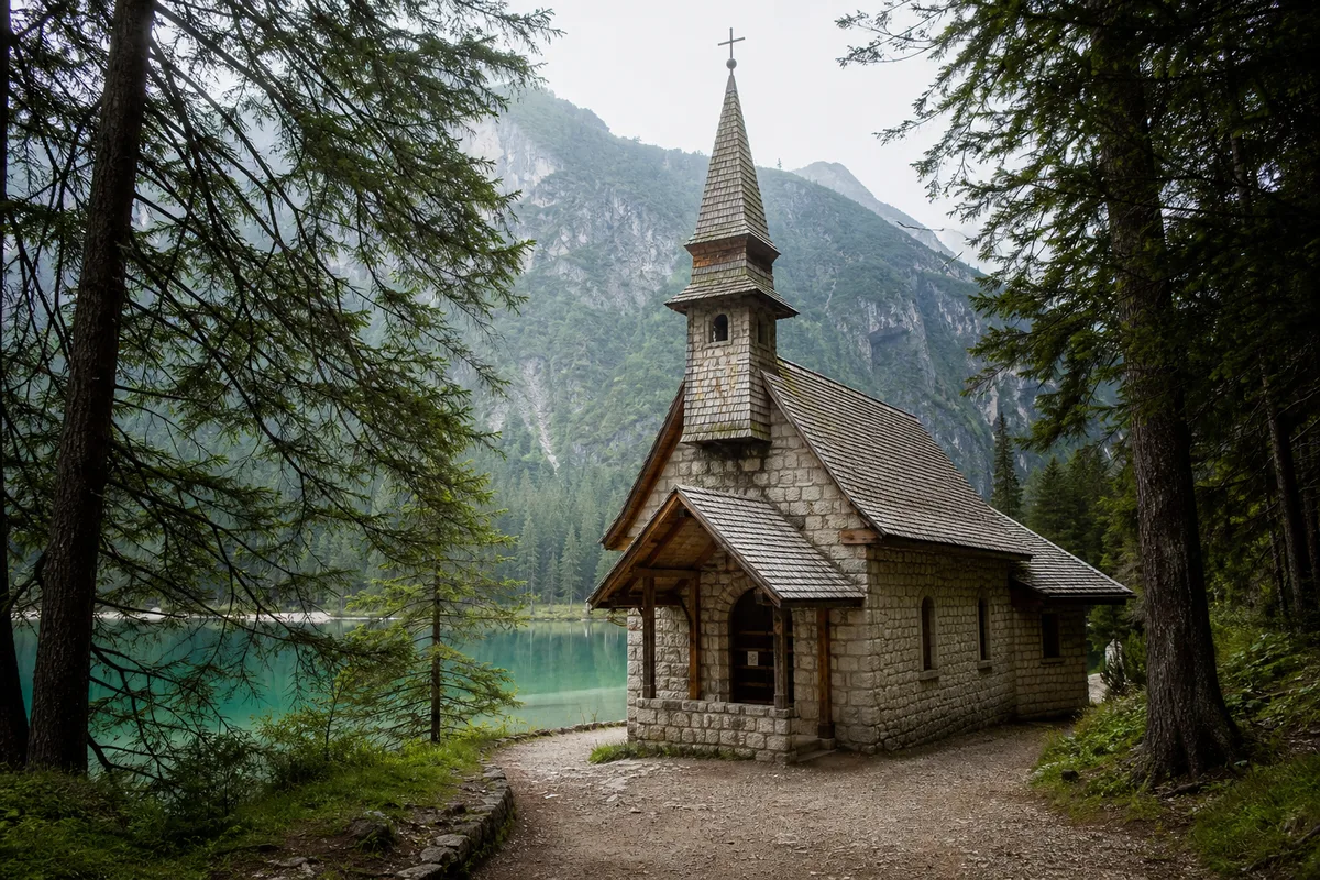 Petite chapelle alpine au bord du lac de Braies, Dolomites
