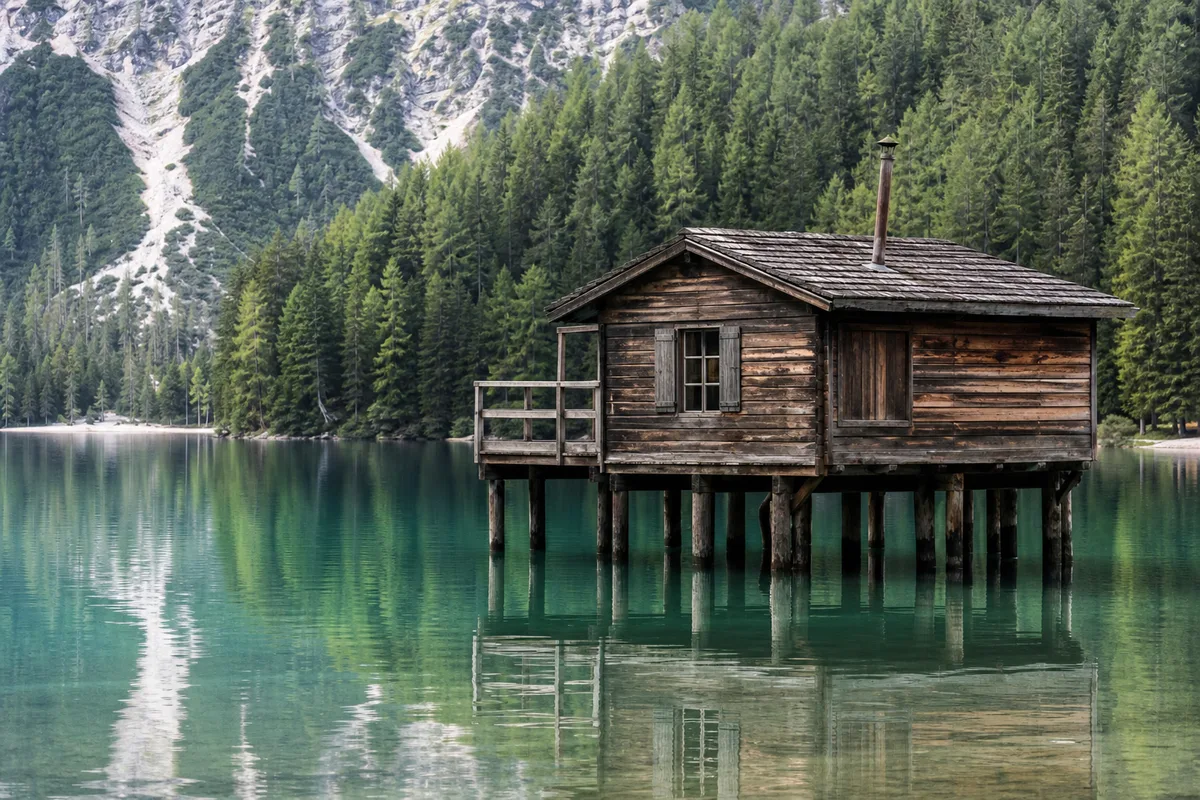 Cabane en bois sur pilotis au bord des eaux turquoise du lac