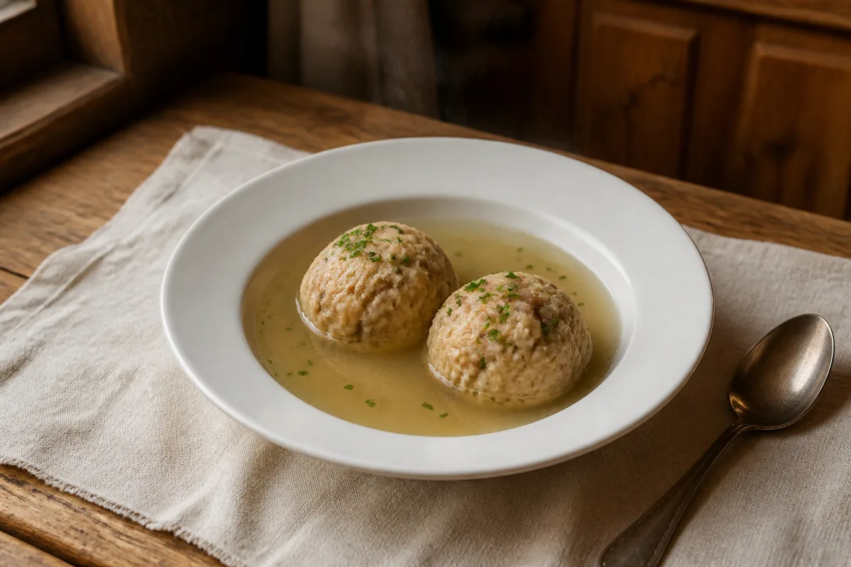 Assiette de canederli en bouillon sur une table de bois