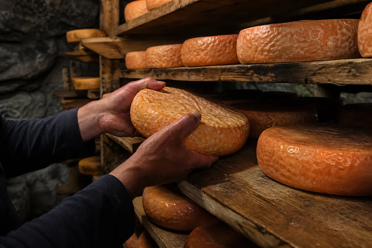 Meules de fromage d’alpage en cave d’affinage