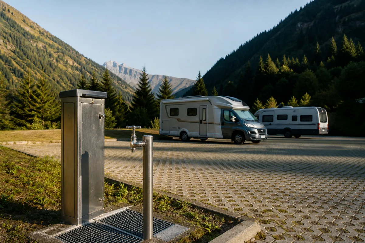 Van amenage stationne sur une aire de sosta au lever du jour