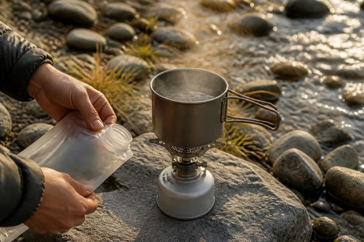 Réchaud à gaz posé sur une dalle de pierre près d&rsquo;un ruisseau de montagne, fin de journée