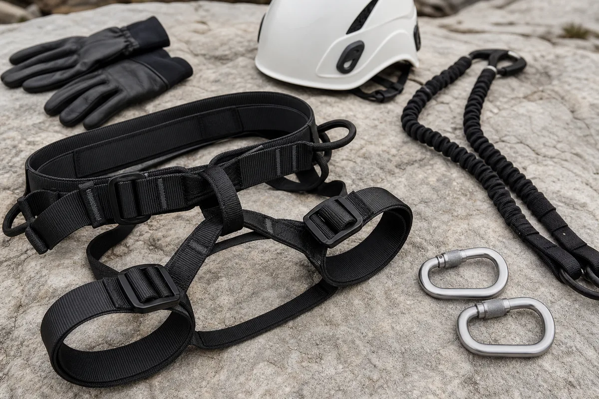 Casque, baudrier, longe à absorbeur et gants disposés sur une dalle de roche claire au pied d&rsquo;une voie