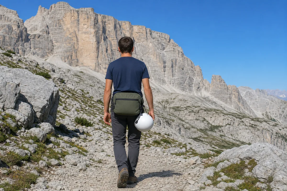 Sentier d&rsquo;approche caillouteux montant vers une paroi verticale des Dolomites, silhouette de randonneur de dos