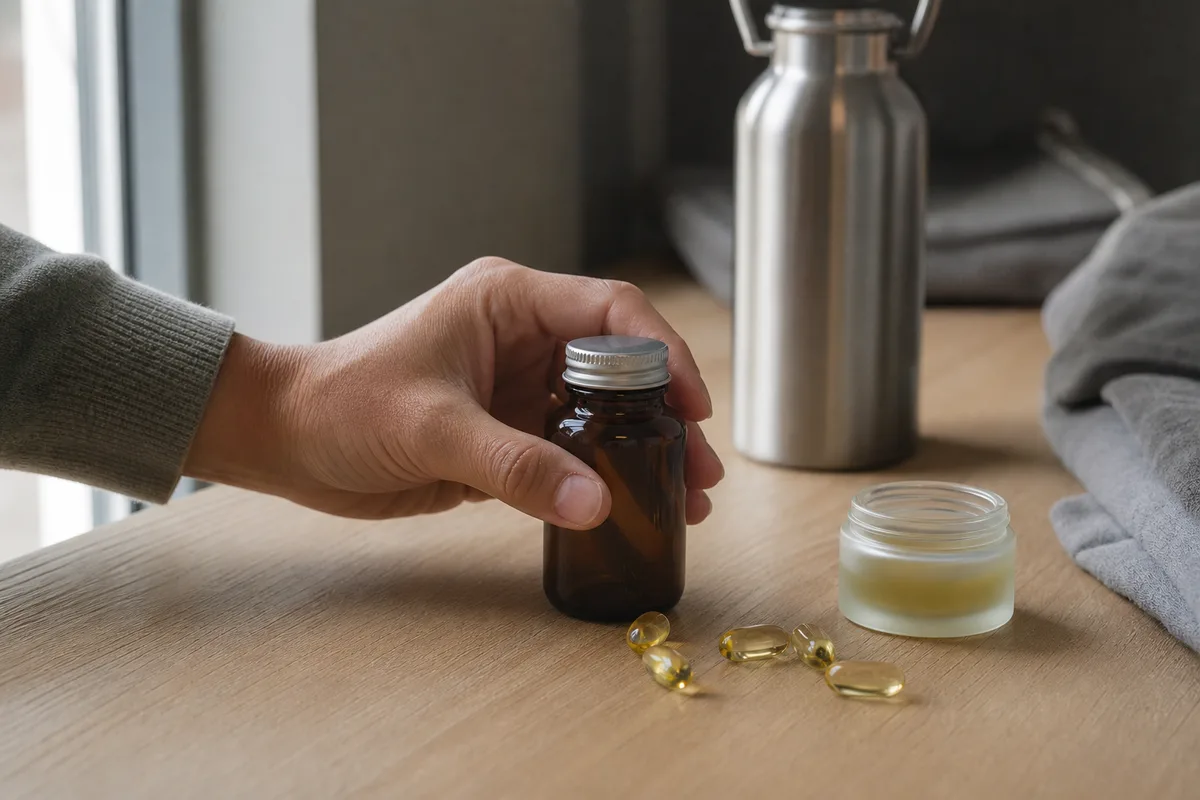 Un flacon de verre ambré, des gélules translucides et un pot de baume posés sur une table de bois clair