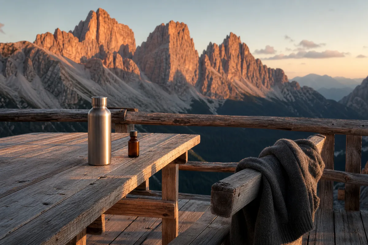 Terrasse de refuge en bois face aux parois dolomitiques au coucher du soleil, gourde en inox posée sur la table